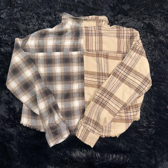 J for Justify Shirt Womens Large Brown Plaid Cropped Button Up Distressed Hem - Picture 6 of 6